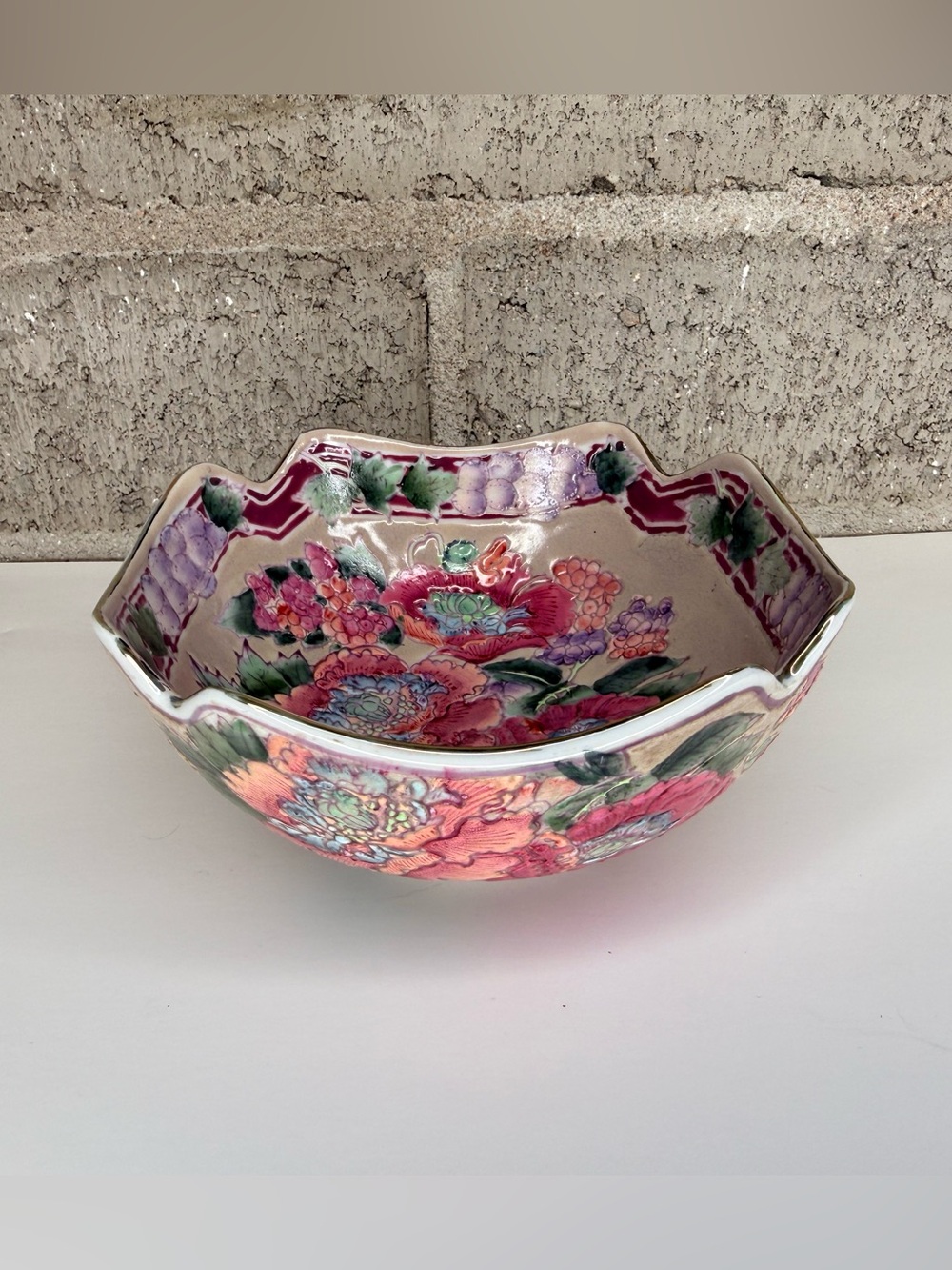 Hand-Painted Floral Porcelain Bowl in Pink and Green